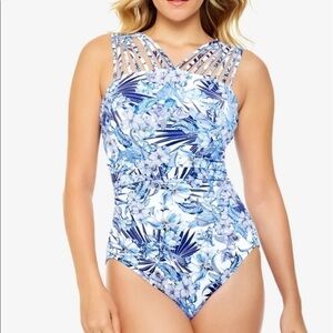 SWIM SOLUTIONS Women's Blue Strappy High Neck One Piece Swimsuit